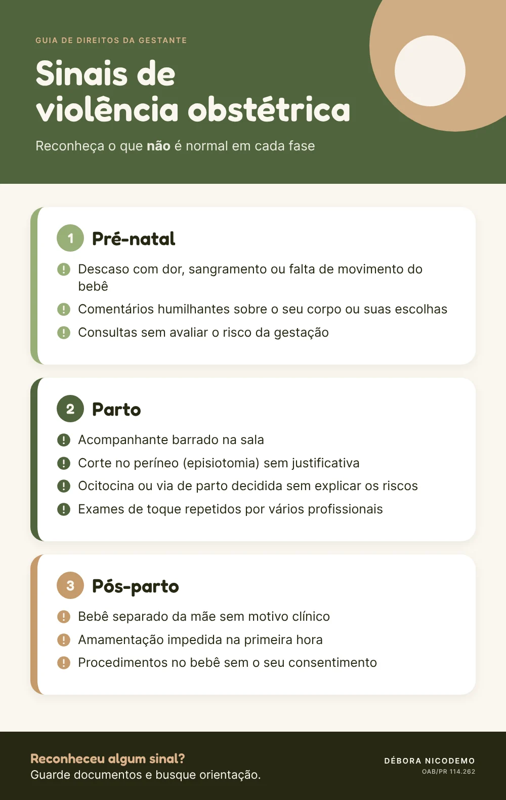 Infográfico com sinais de violência obstétrica no pré-natal, no parto e no pós-parto